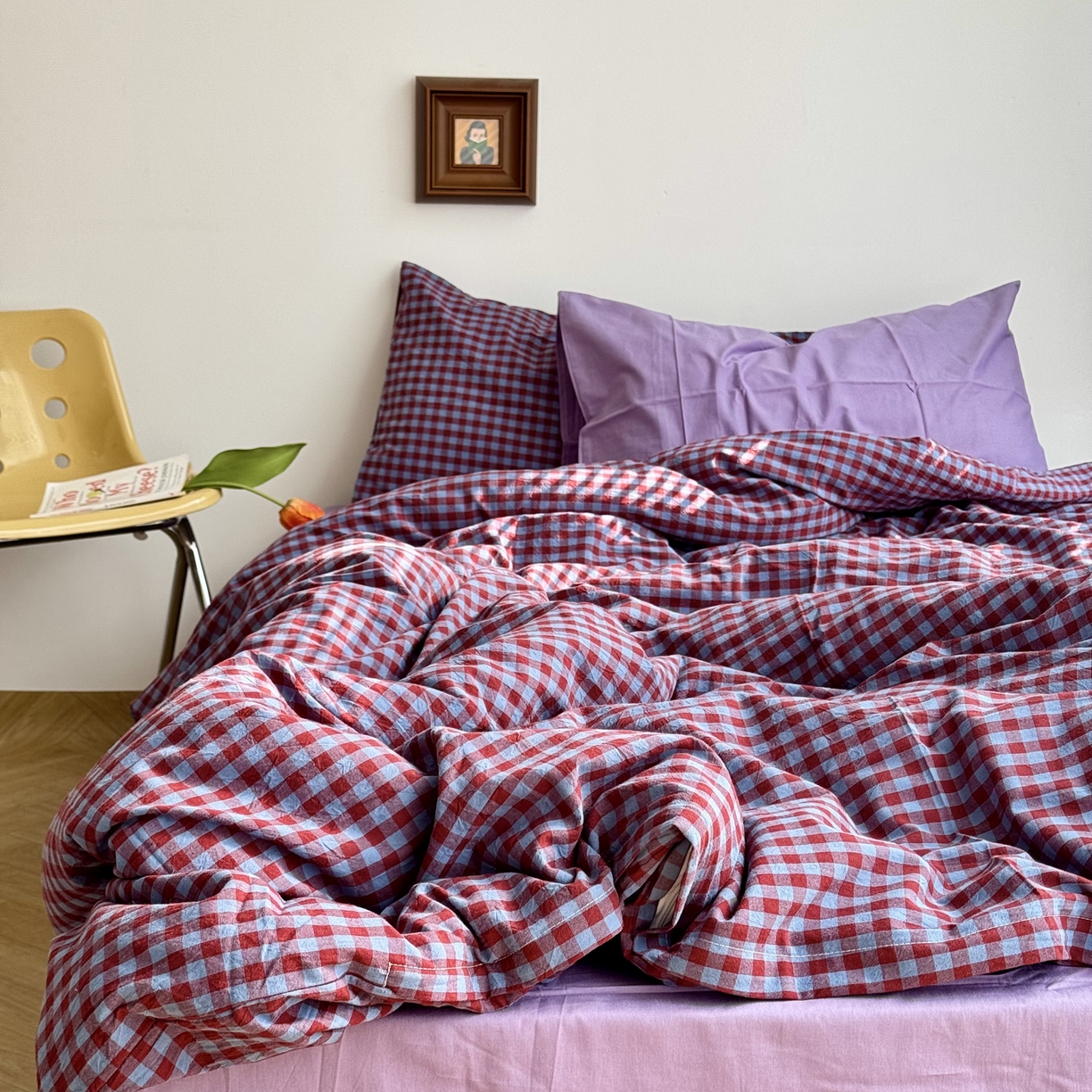 91家纺网 家纺一手货源 找家纺 例外 2026新款布拉格ins风色织水洗棉四件套 布拉格-臧红（梦紫底）