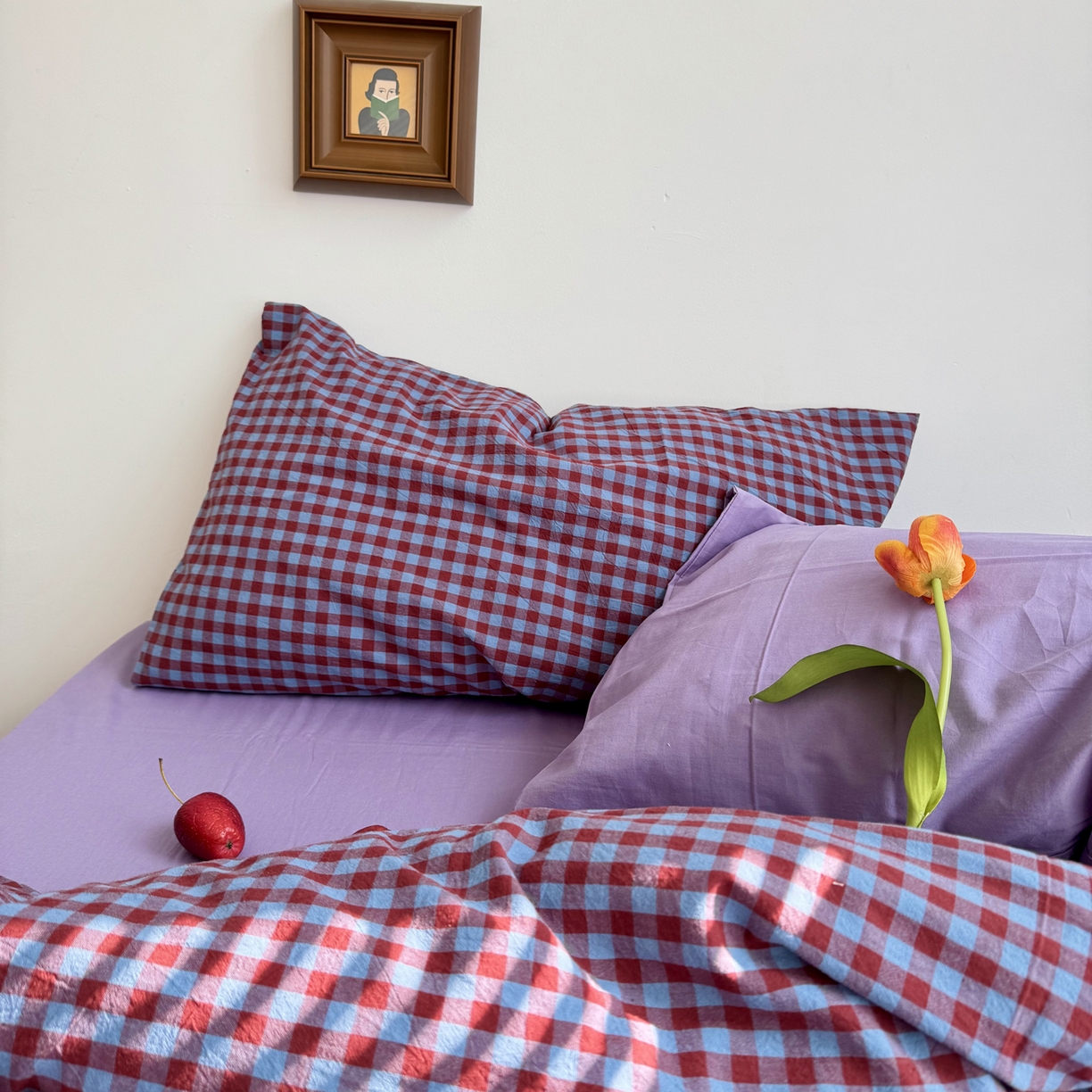 91家纺网 家纺一手货源 找家纺 例外 2026新款布拉格ins风色织水洗棉四件套 布拉格-臧红（梦紫底）