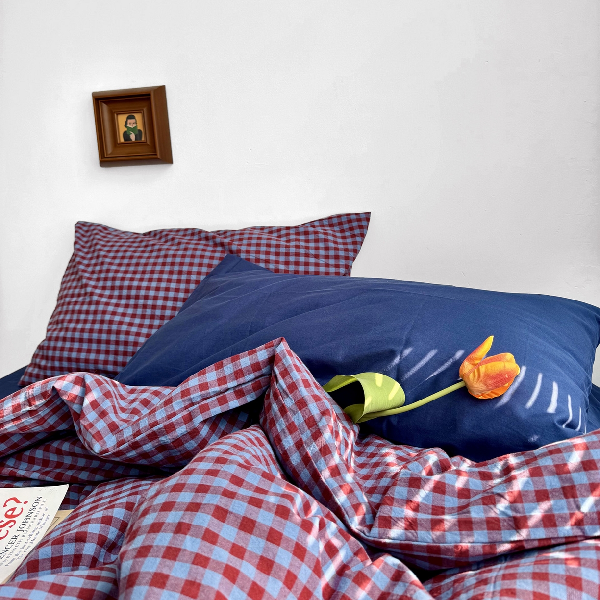 91家纺网 家纺一手货源 找家纺 例外 2026新款布拉格ins风色织水洗棉四件套 布拉格-臧红（深蓝底）