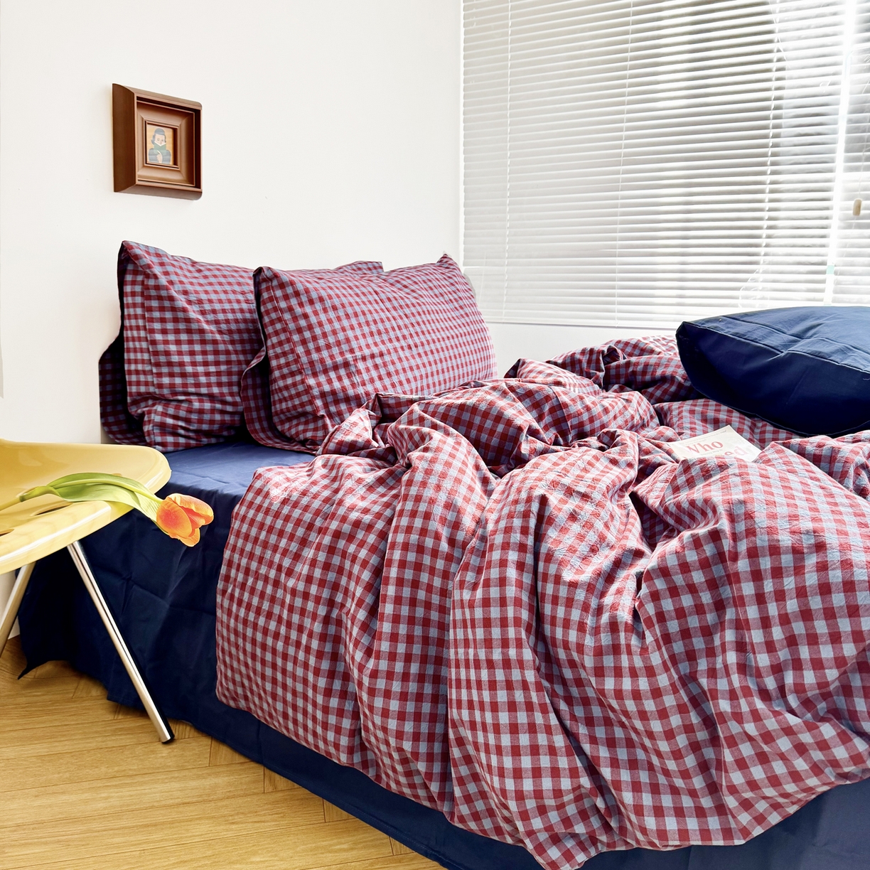 91家纺网 家纺一手货源 找家纺 例外 2026新款布拉格ins风色织水洗棉四件套 布拉格-臧红（深蓝底）