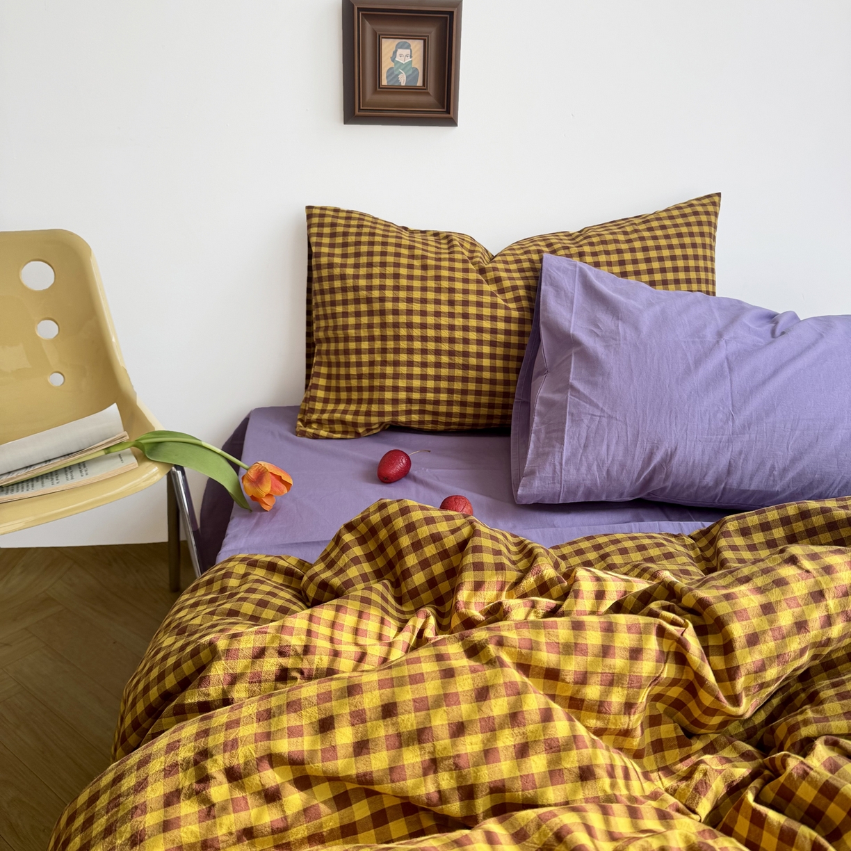 91家纺网 家纺一手货源 找家纺 例外 2026新款布拉格ins风色织水洗棉四件套 布拉格-黄棕（梦紫底）