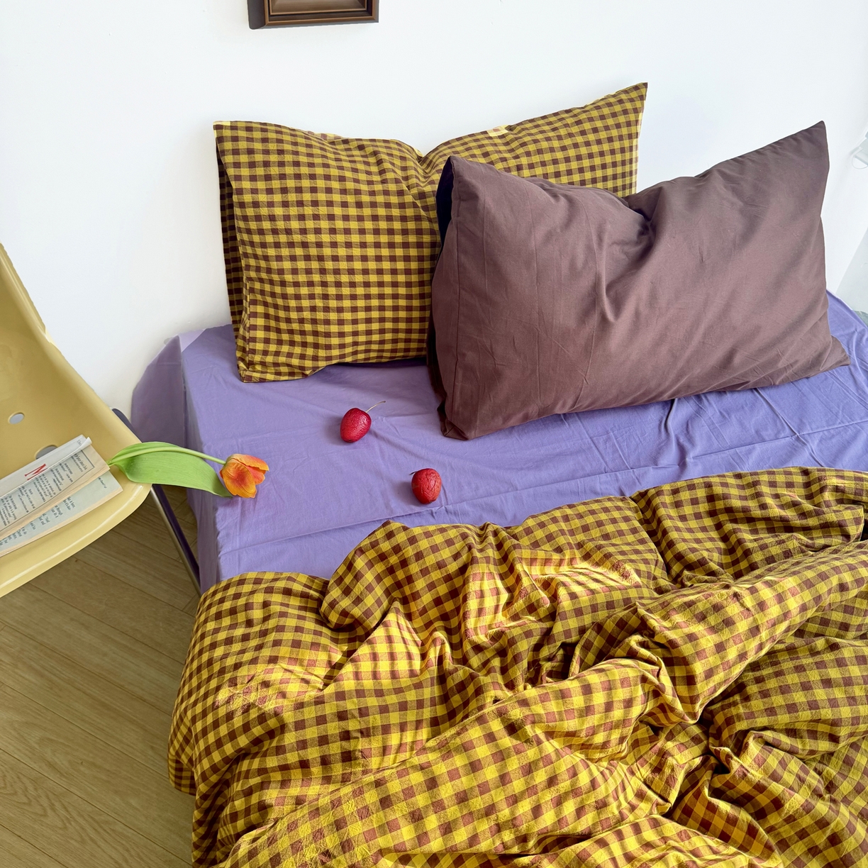 91家纺网 家纺一手货源 找家纺 例外 2026新款布拉格ins风色织水洗棉四件套 布拉格-黄棕（梦紫底）