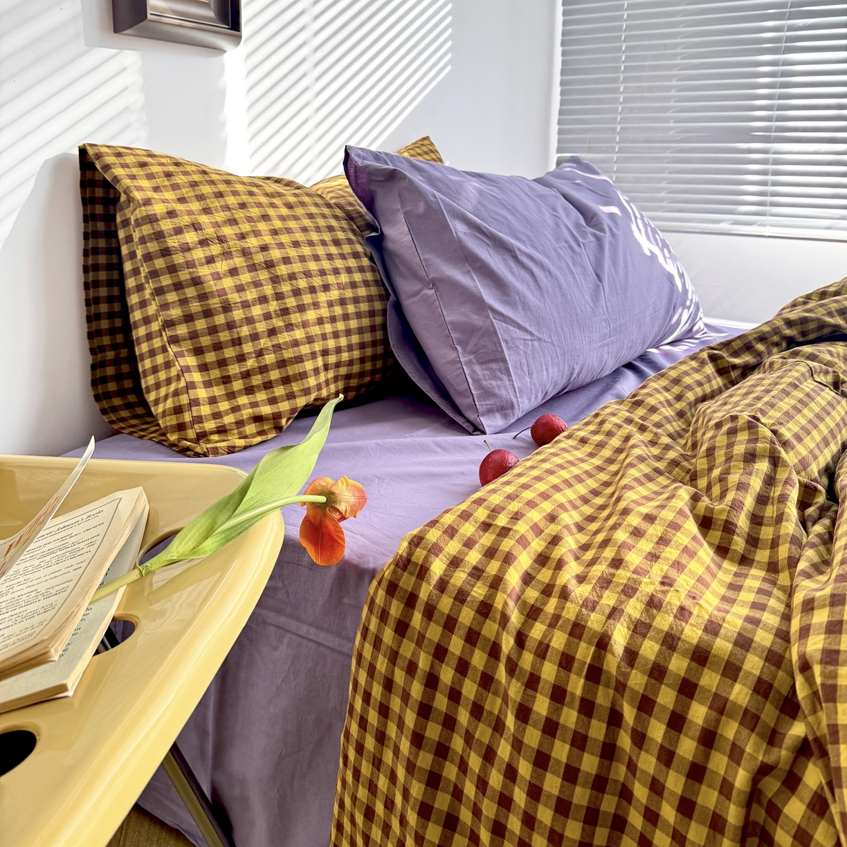 91家纺网 家纺一手货源 找家纺 例外 2026新款布拉格ins风色织水洗棉四件套 布拉格-黄棕（梦紫底）