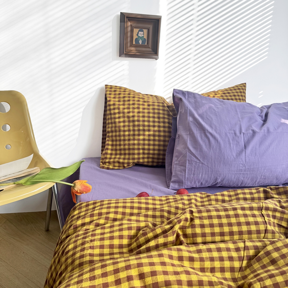 91家纺网 家纺一手货源 找家纺 例外 2026新款布拉格ins风色织水洗棉四件套 布拉格-黄棕（梦紫底）