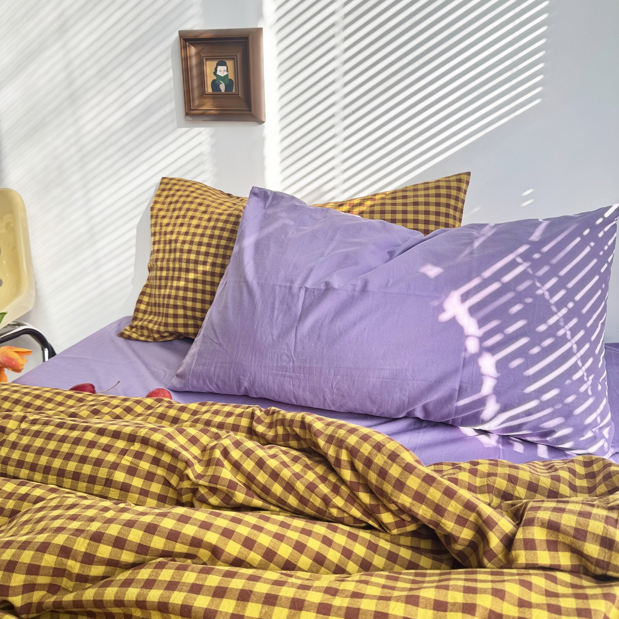 91家纺网 家纺一手货源 找家纺 例外 2026新款布拉格ins风色织水洗棉四件套 布拉格-黄棕（梦紫底）