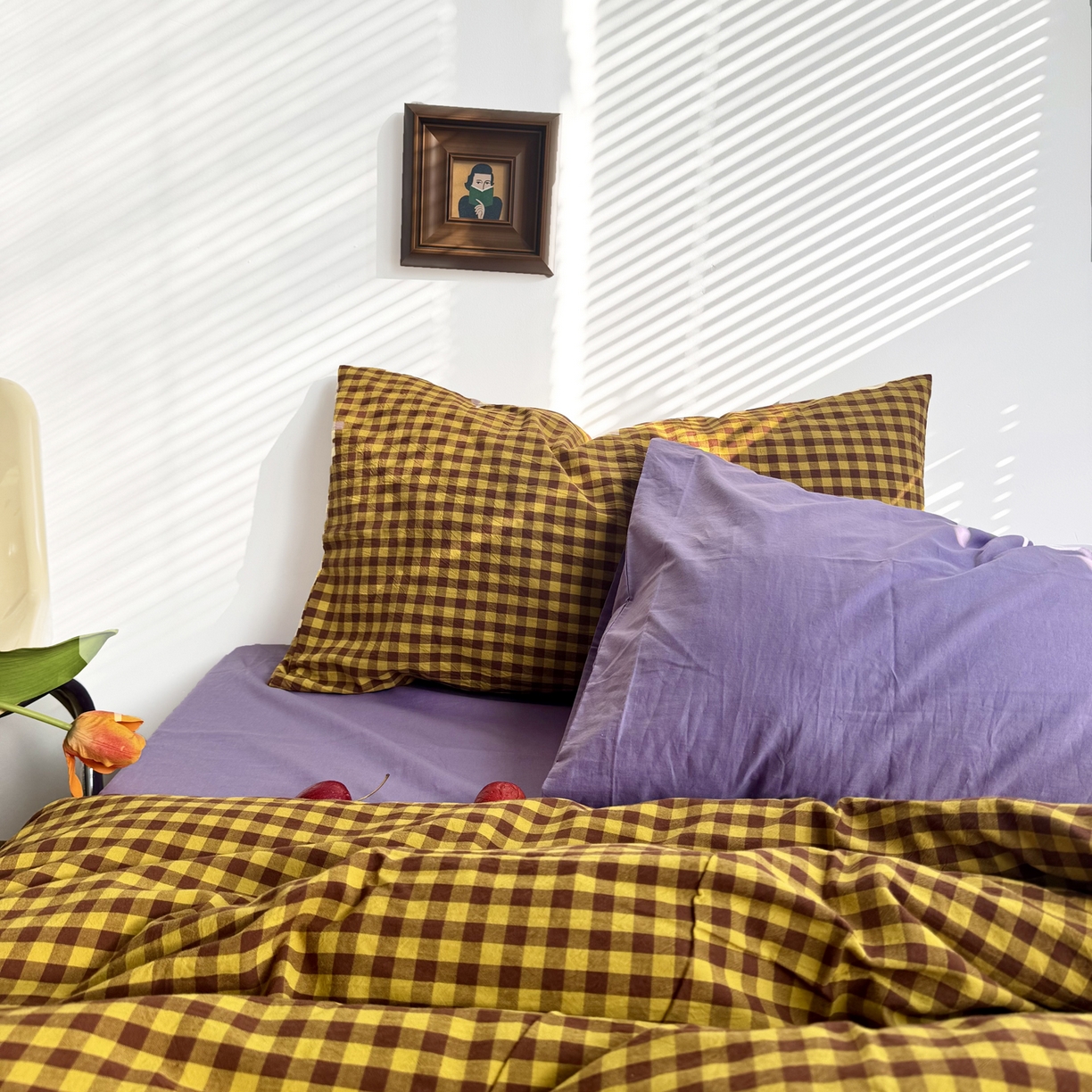 91家纺网 家纺一手货源 找家纺 例外 2026新款布拉格ins风色织水洗棉四件套 布拉格-黄棕（梦紫底）