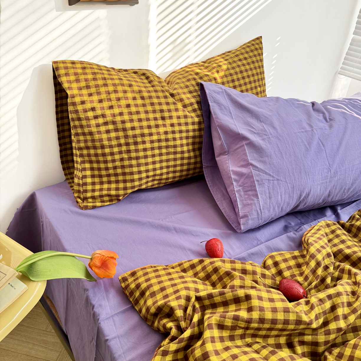 91家纺网 家纺一手货源 找家纺 例外 2026新款布拉格ins风色织水洗棉四件套 布拉格-黄棕（梦紫底）