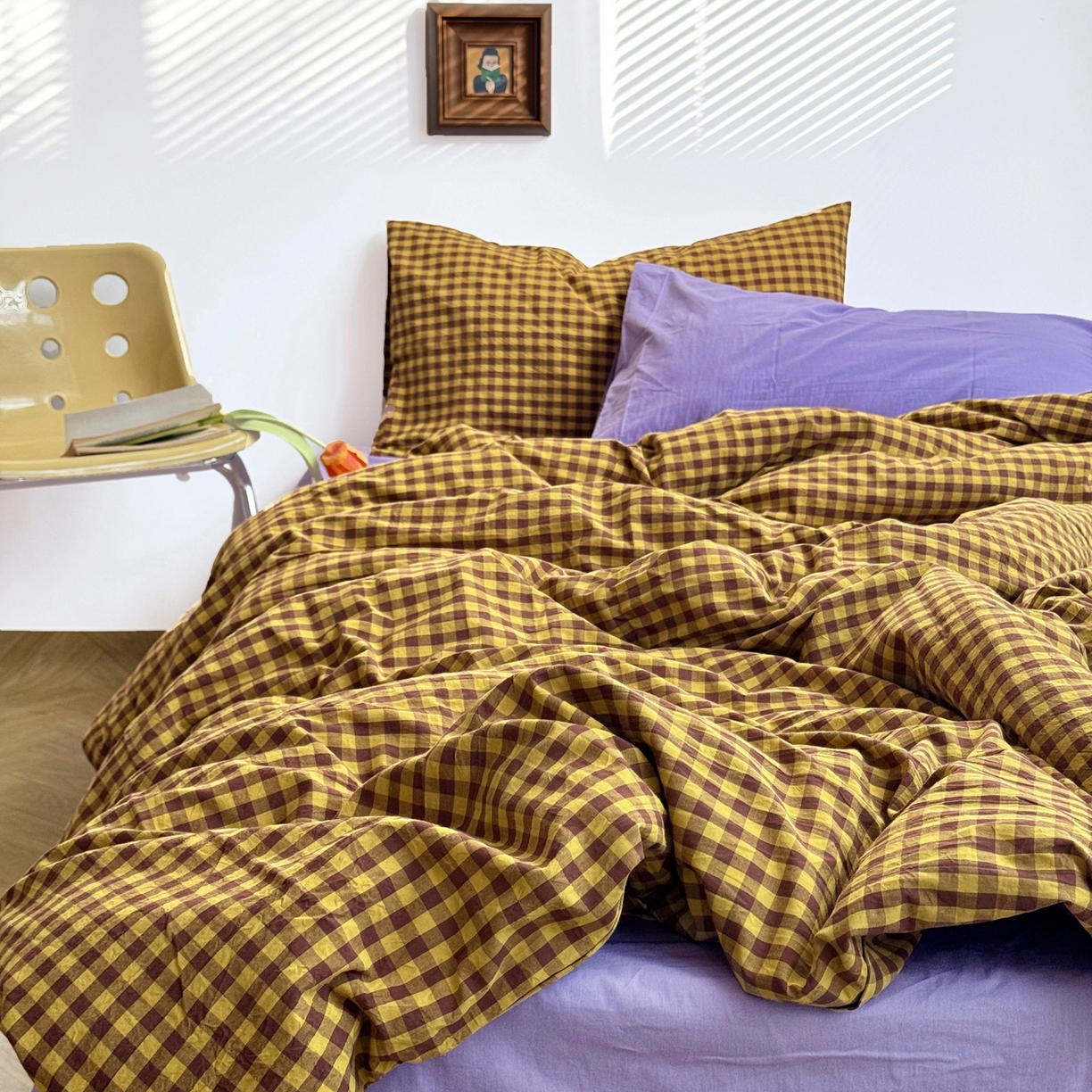 91家纺网 家纺一手货源 找家纺 例外 2026新款布拉格ins风色织水洗棉四件套 布拉格-黄棕（梦紫底）