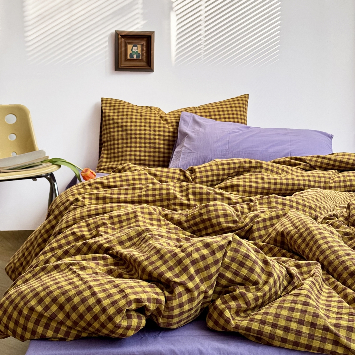 91家纺网 家纺一手货源 找家纺 例外 2026新款布拉格ins风色织水洗棉四件套 布拉格-黄棕（梦紫底）