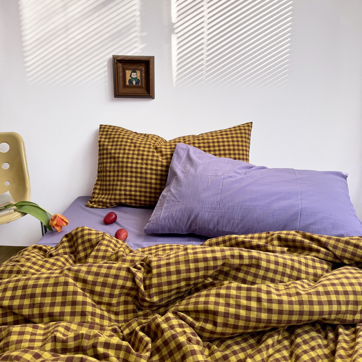 91家纺网 家纺一手货源 找家纺 例外 2026新款布拉格ins风色织水洗棉四件套 布拉格-黄棕（梦紫底）