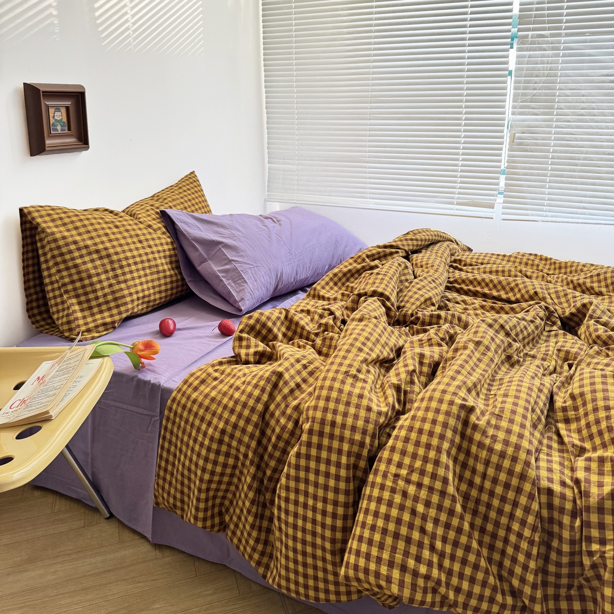 91家纺网 家纺一手货源 找家纺 例外 2026新款布拉格ins风色织水洗棉四件套 布拉格-黄棕（梦紫底）