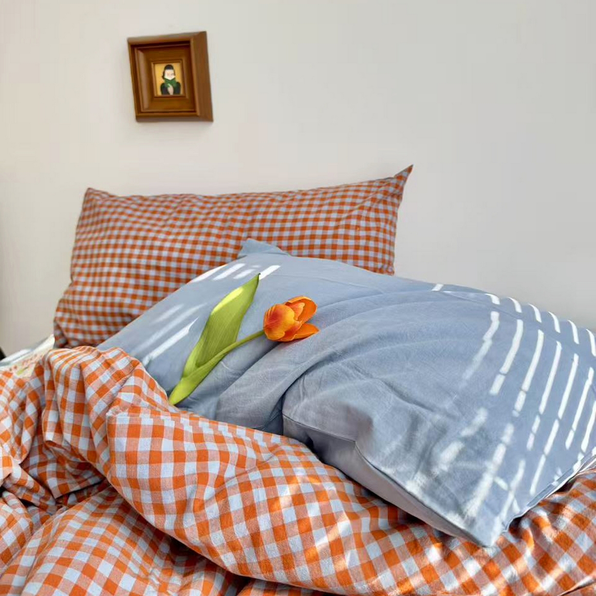 91家纺网 家纺一手货源 找家纺 例外 2026新款布拉格ins风色织水洗棉四件套 布拉格-橘（灰蓝底）