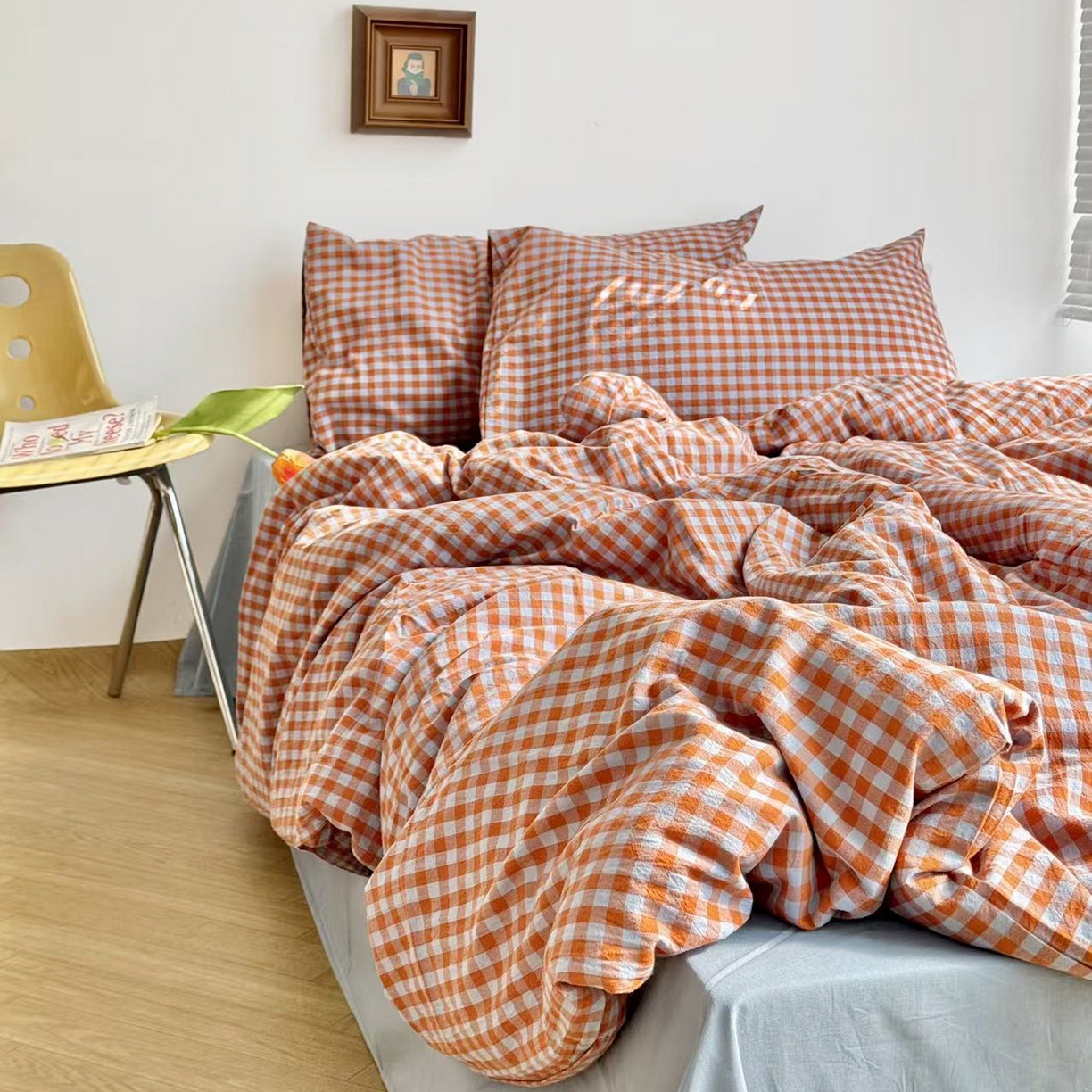 91家纺网 家纺一手货源 找家纺 例外 2026新款布拉格ins风色织水洗棉四件套 布拉格-橘（灰蓝底）