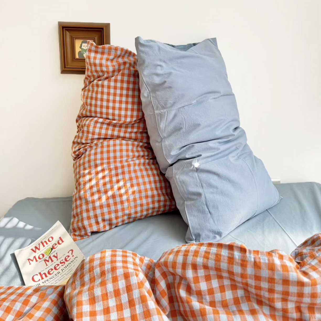 91家纺网 家纺一手货源 找家纺 例外 2026新款布拉格ins风色织水洗棉四件套 布拉格-橘（灰蓝底）