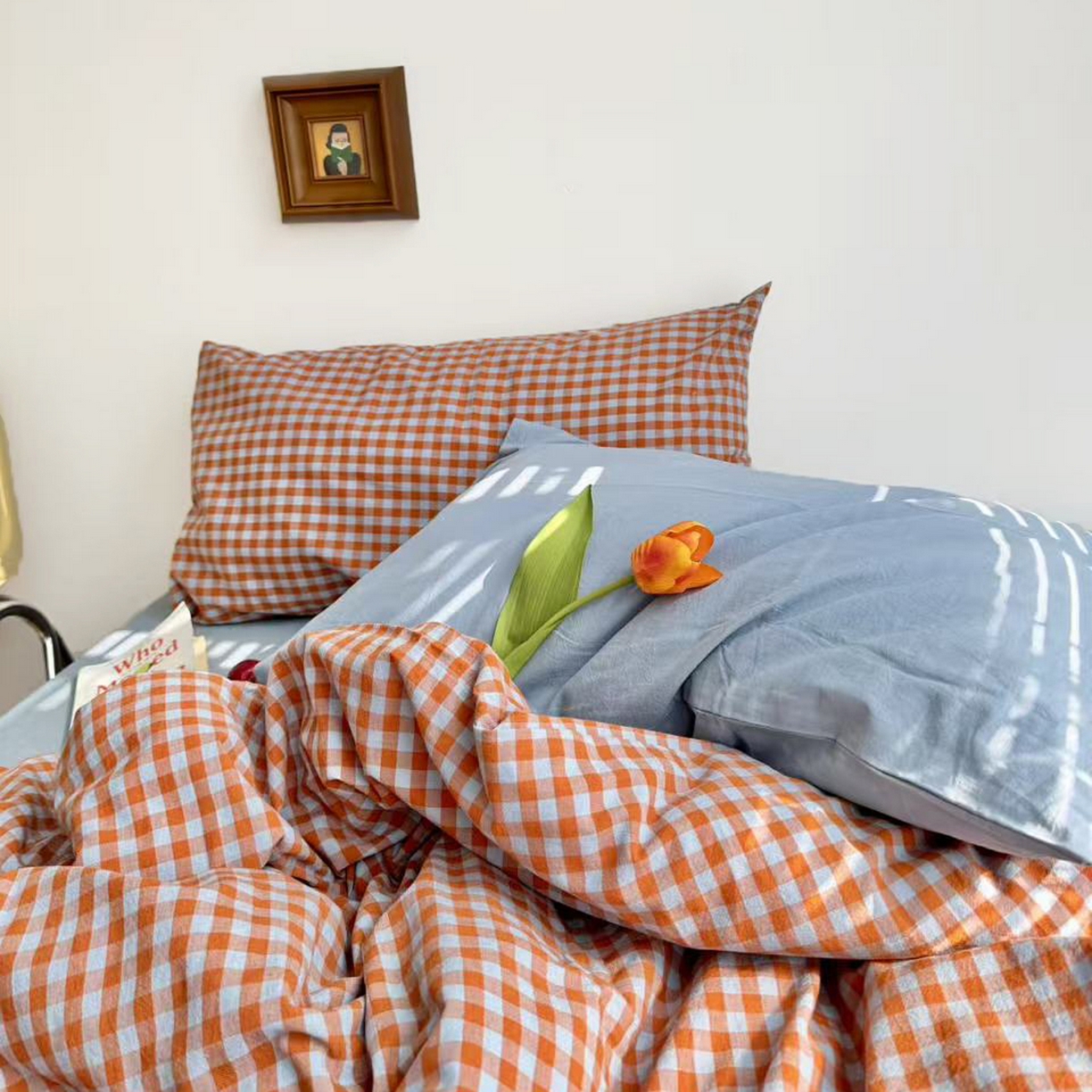 91家纺网 家纺一手货源 找家纺 例外 2026新款布拉格ins风色织水洗棉四件套 布拉格-橘（灰蓝底）