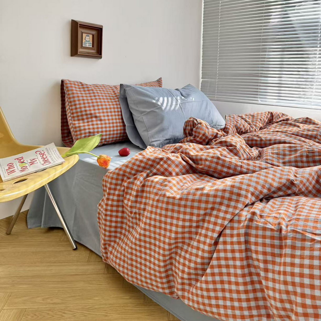 91家纺网 家纺一手货源 找家纺 例外 2026新款布拉格ins风色织水洗棉四件套 布拉格-橘（灰蓝底）