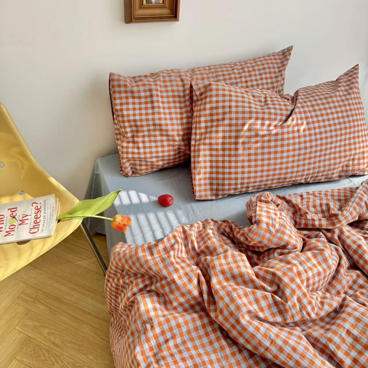 91家纺网 家纺一手货源 找家纺 例外 2026新款布拉格ins风色织水洗棉四件套 布拉格-橘（灰蓝底）