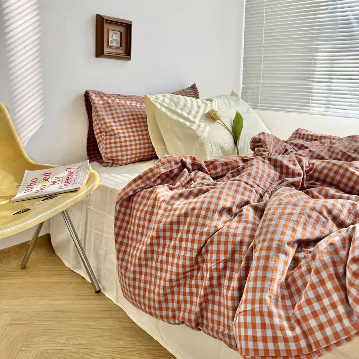 91家纺网 家纺一手货源 找家纺 例外 2026新款布拉格ins风色织水洗棉四件套 布拉格-橘兰（豆汁黄底）