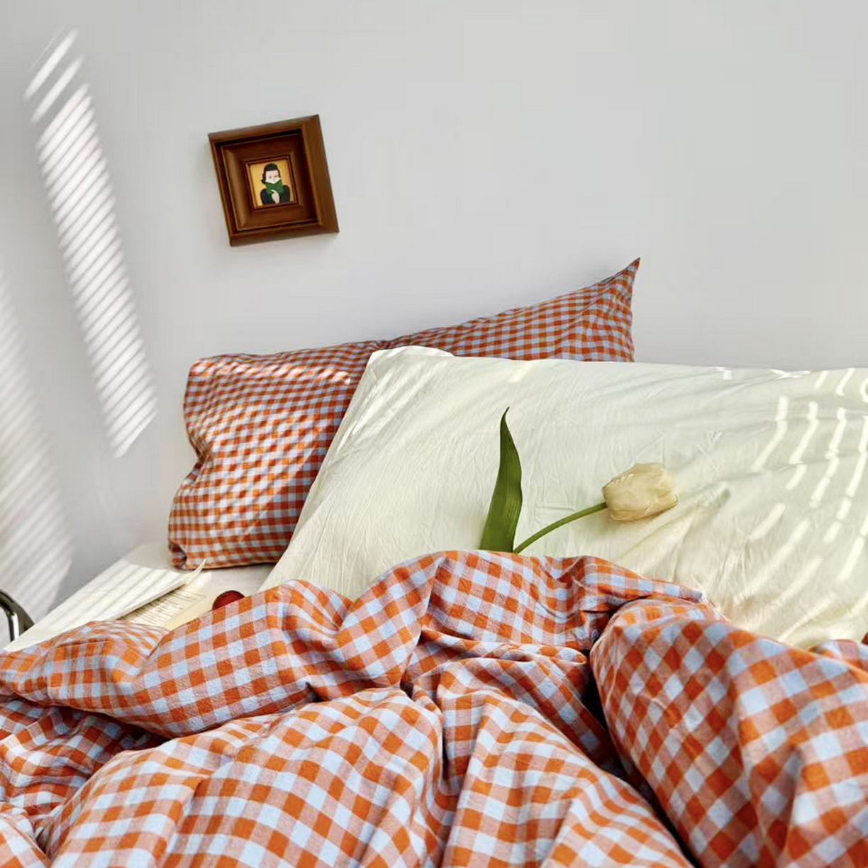 91家纺网 家纺一手货源 找家纺 例外 2026新款布拉格ins风色织水洗棉四件套 布拉格-橘兰（豆汁黄底）