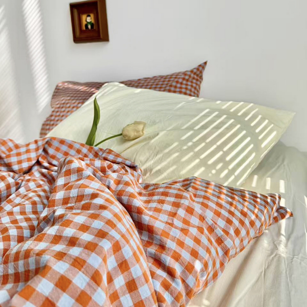 91家纺网 家纺一手货源 找家纺 例外 2026新款布拉格ins风色织水洗棉四件套 布拉格-橘兰（豆汁黄底）