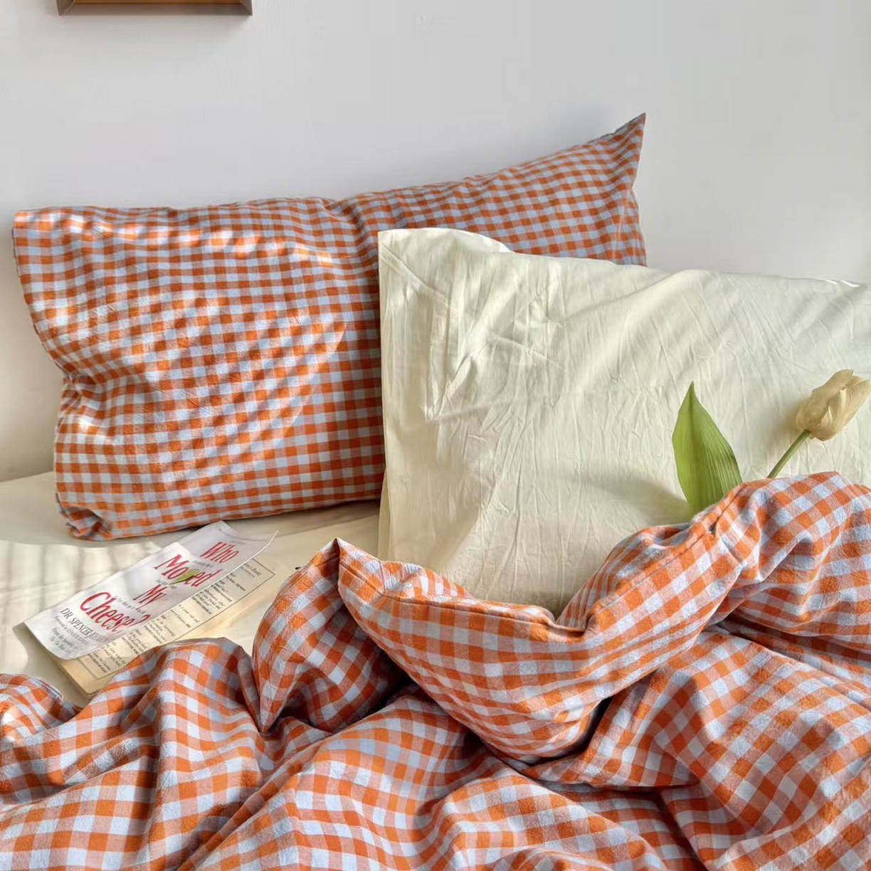 91家纺网 家纺一手货源 找家纺 例外 2026新款布拉格ins风色织水洗棉四件套 布拉格-橘兰（豆汁黄底）