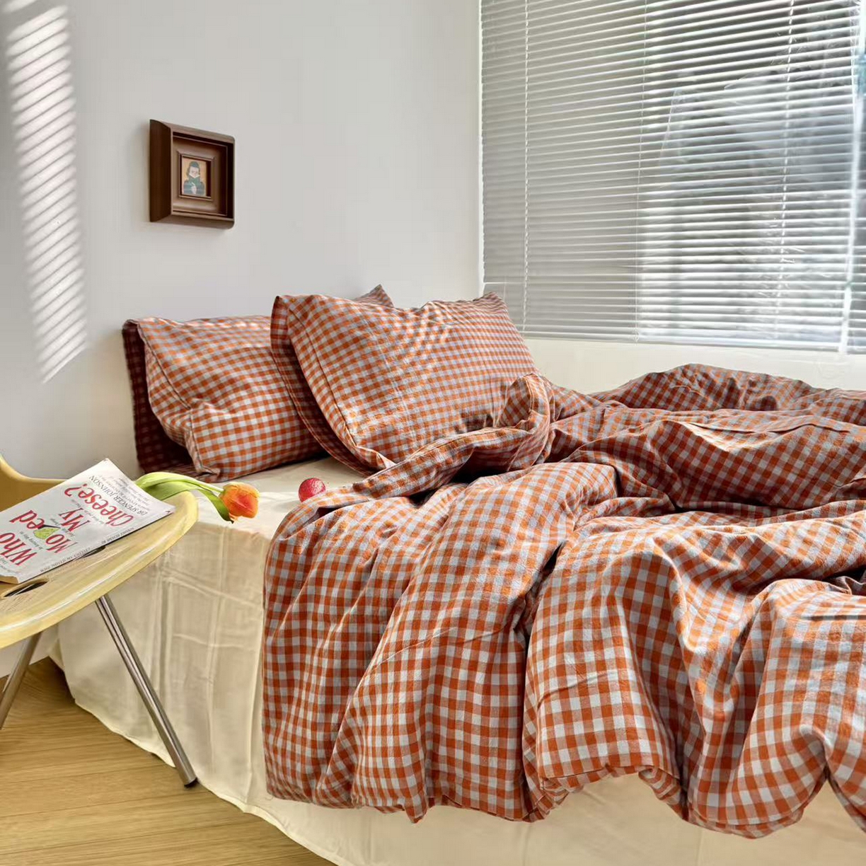 91家纺网 家纺一手货源 找家纺 例外 2026新款布拉格ins风色织水洗棉四件套 布拉格-橘兰（豆汁黄底）