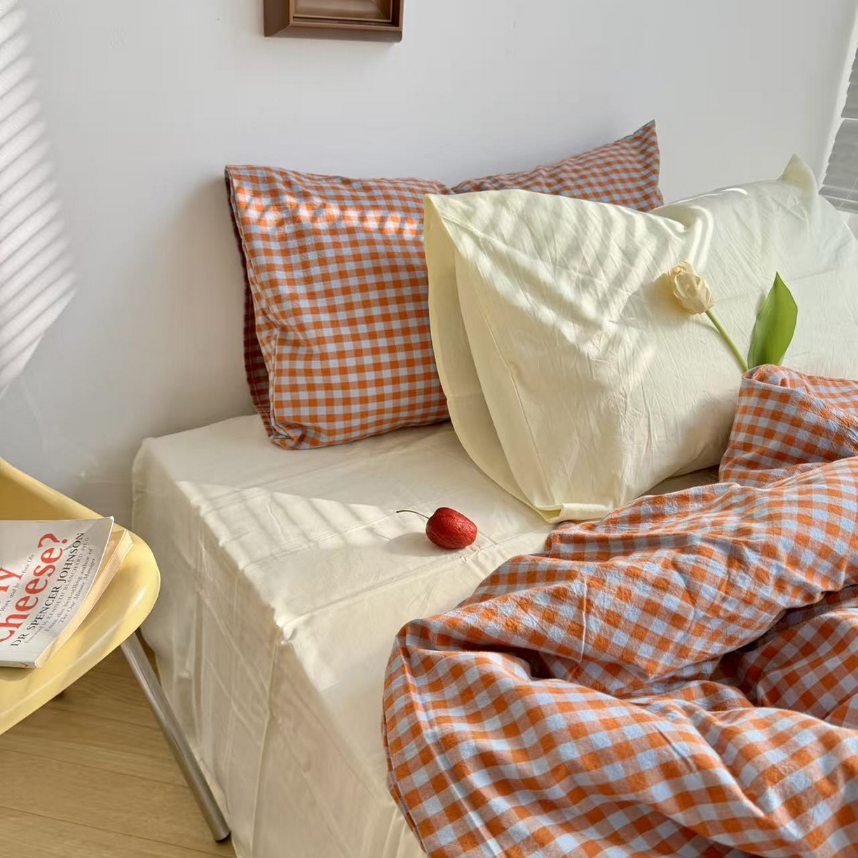 91家纺网 家纺一手货源 找家纺 例外 2026新款布拉格ins风色织水洗棉四件套 布拉格-橘兰（豆汁黄底）