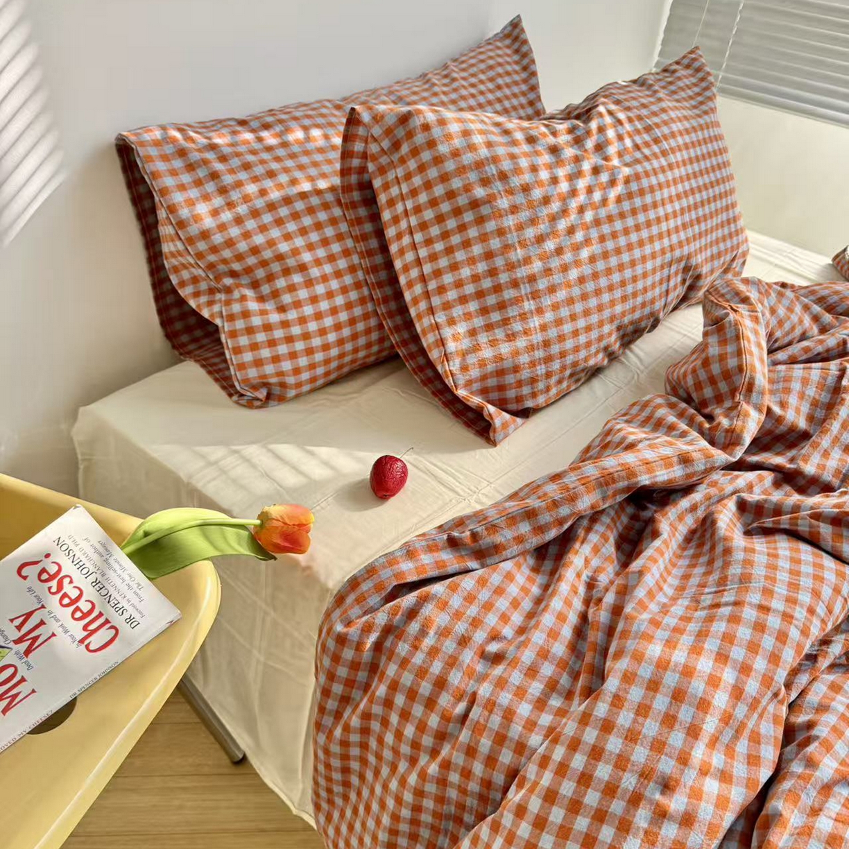 91家纺网 家纺一手货源 找家纺 例外 2026新款布拉格ins风色织水洗棉四件套 布拉格-橘兰（豆汁黄底）