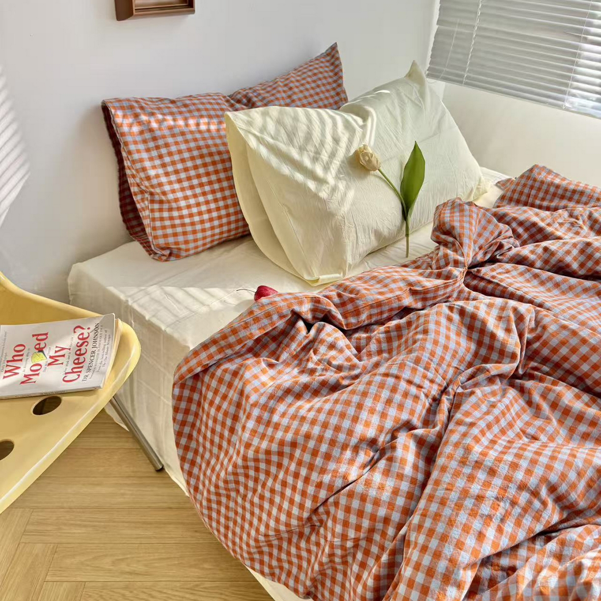 91家纺网 家纺一手货源 找家纺 例外 2026新款布拉格ins风色织水洗棉四件套 布拉格-橘兰（豆汁黄底）