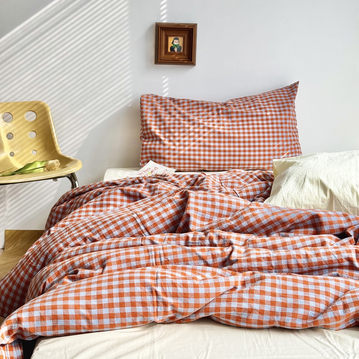 91家纺网 家纺一手货源 找家纺 例外 2026新款布拉格ins风色织水洗棉四件套 布拉格-橘兰（豆汁黄底）