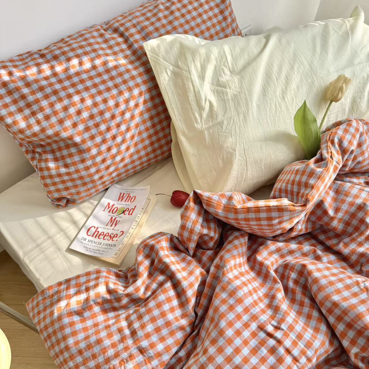 91家纺网 家纺一手货源 找家纺 例外 2026新款布拉格ins风色织水洗棉四件套 布拉格-橘兰（豆汁黄底）