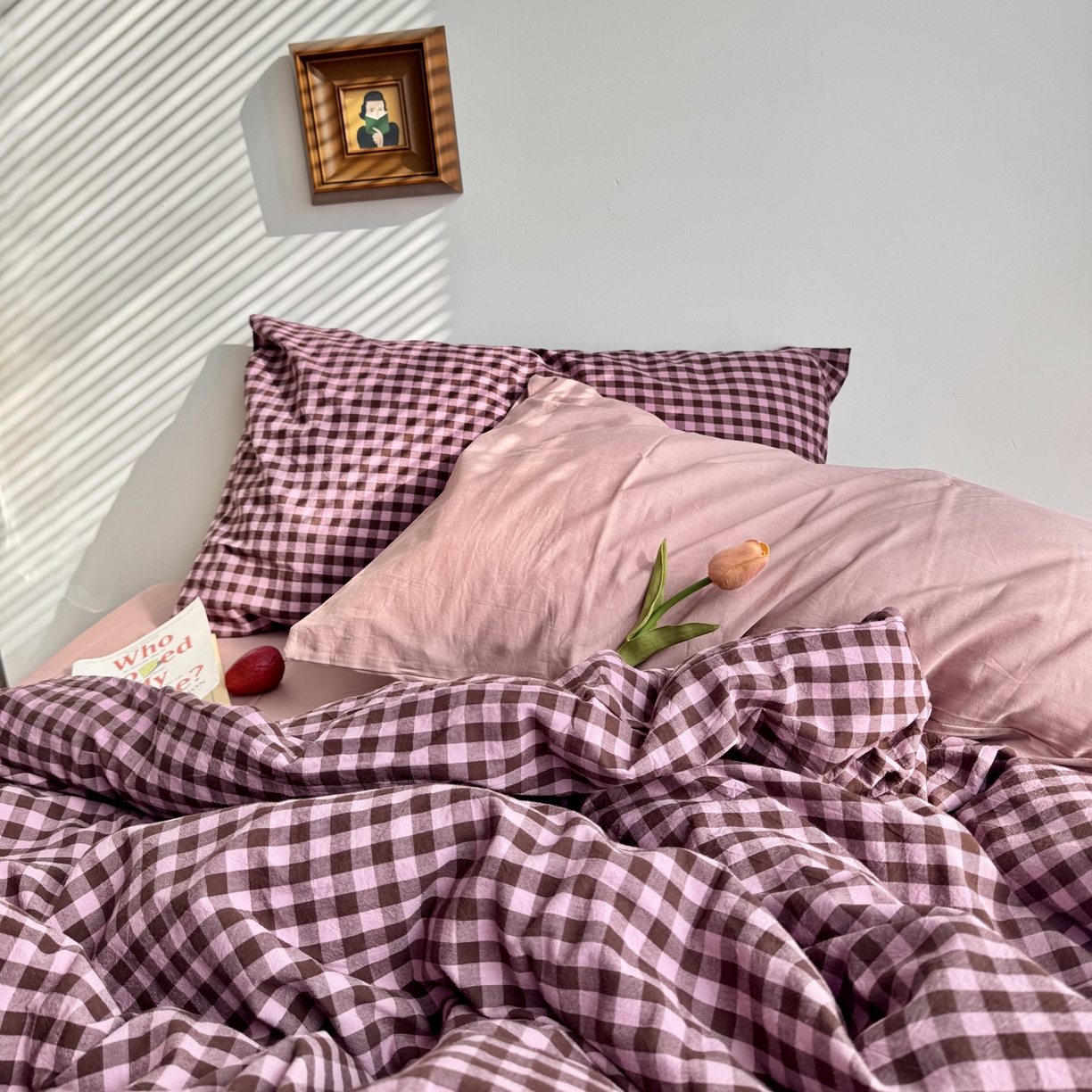 91家纺网 家纺一手货源 找家纺 例外 2026新款布拉格ins风色织水洗棉四件套 布拉格-树莓（粉底）