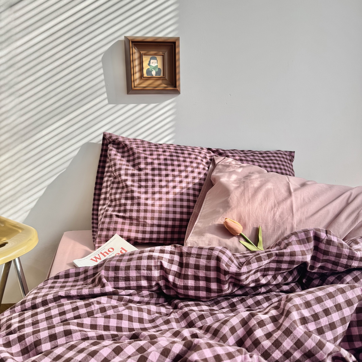 91家纺网 家纺一手货源 找家纺 例外 2026新款布拉格ins风色织水洗棉四件套 布拉格-树莓（粉底）