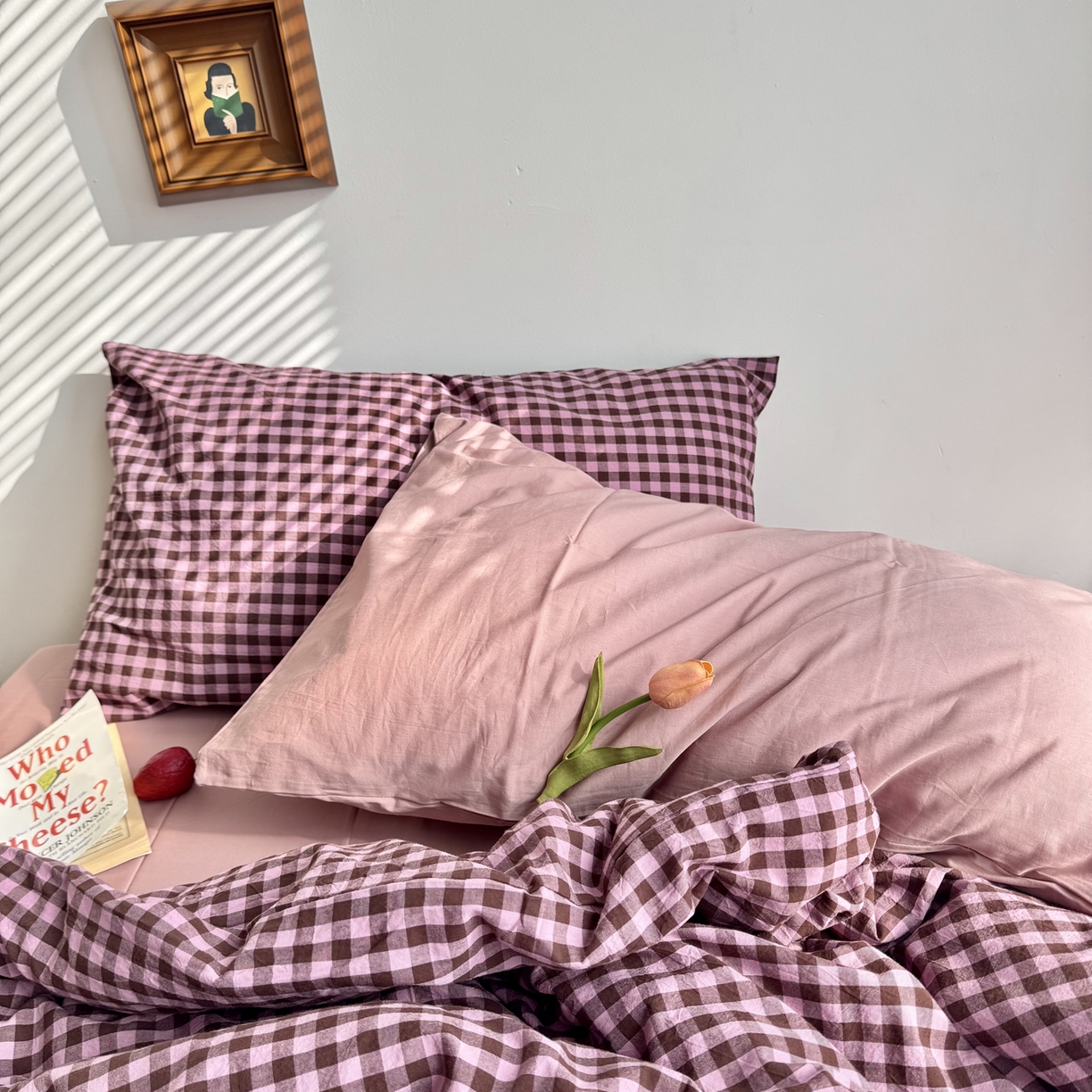 91家纺网 家纺一手货源 找家纺 例外 2026新款布拉格ins风色织水洗棉四件套 布拉格-树莓（粉底）