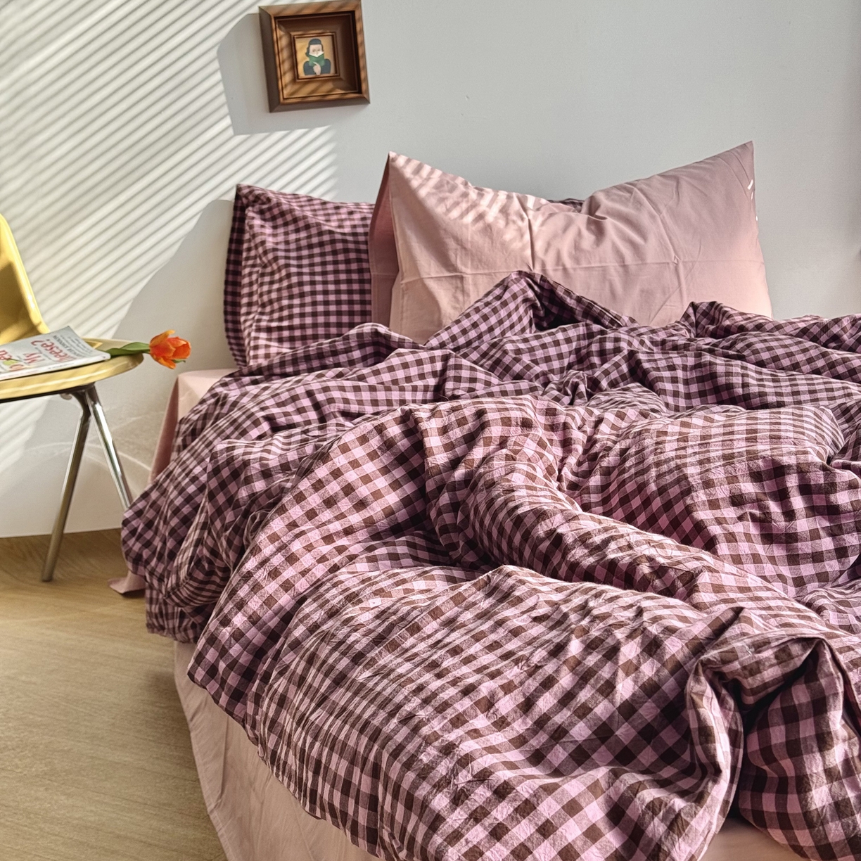 91家纺网 家纺一手货源 找家纺 例外 2026新款布拉格ins风色织水洗棉四件套 布拉格-树莓（粉底）