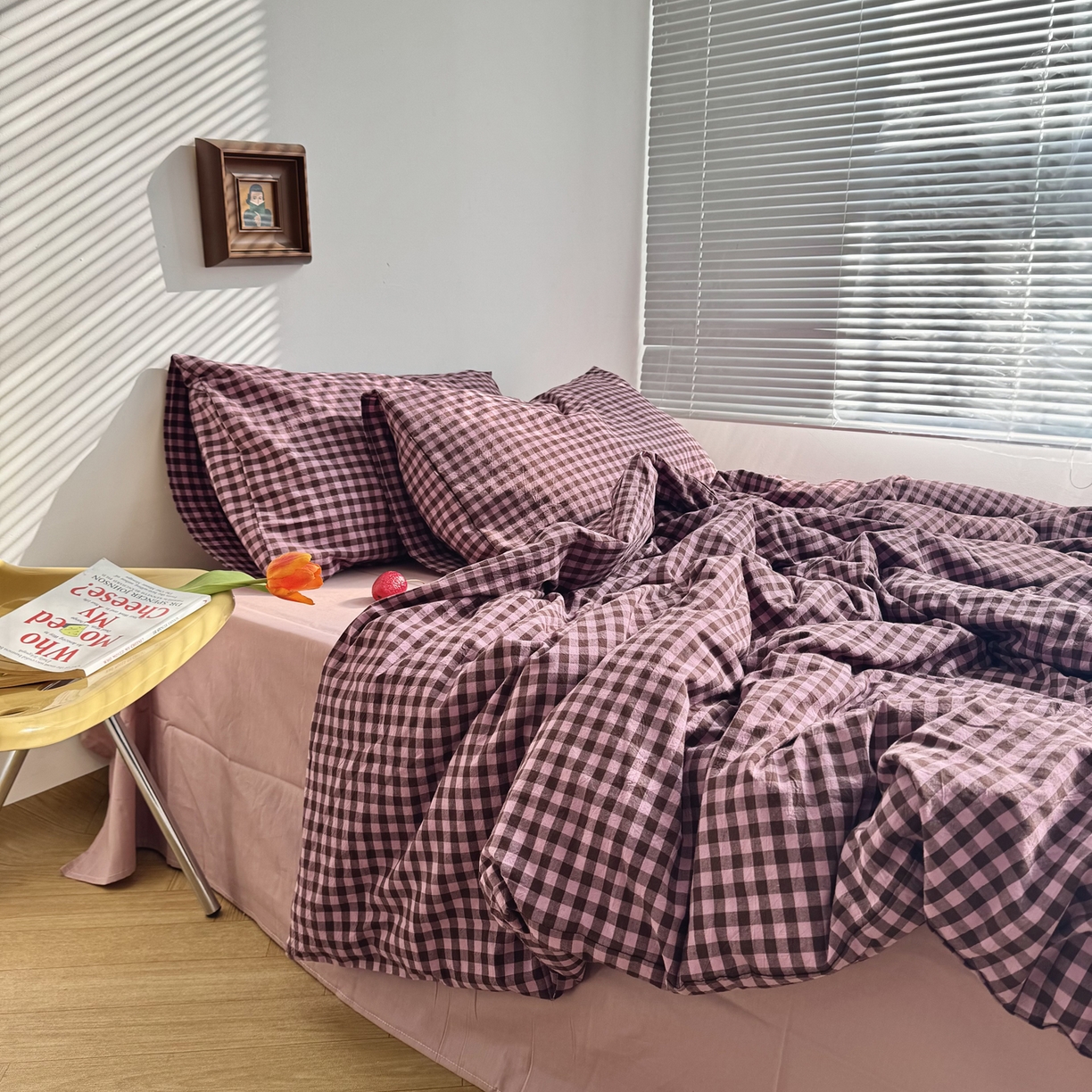 91家纺网 家纺一手货源 找家纺 例外 2026新款布拉格ins风色织水洗棉四件套 布拉格-树莓（粉底）