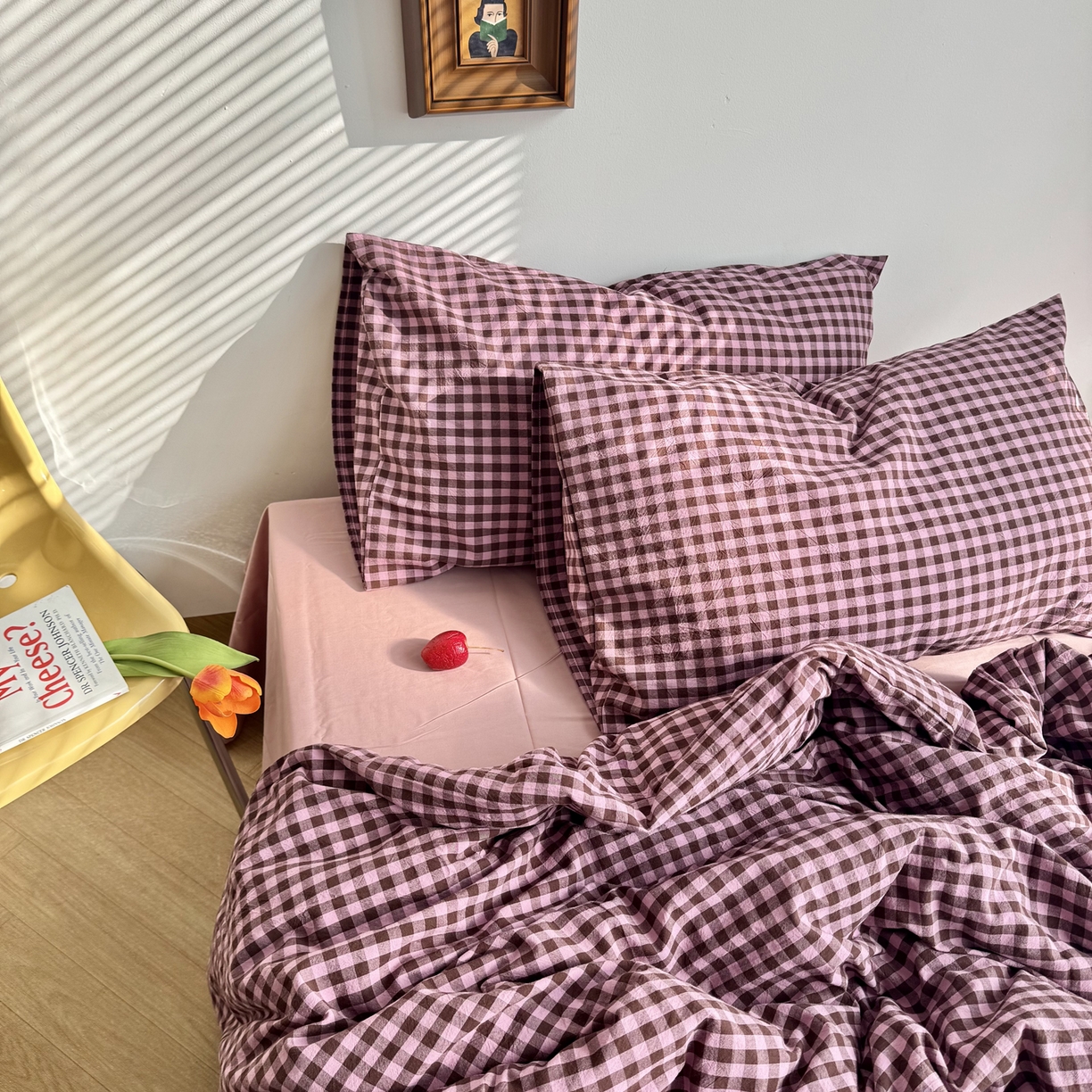 91家纺网 家纺一手货源 找家纺 例外 2026新款布拉格ins风色织水洗棉四件套 布拉格-树莓（粉底）