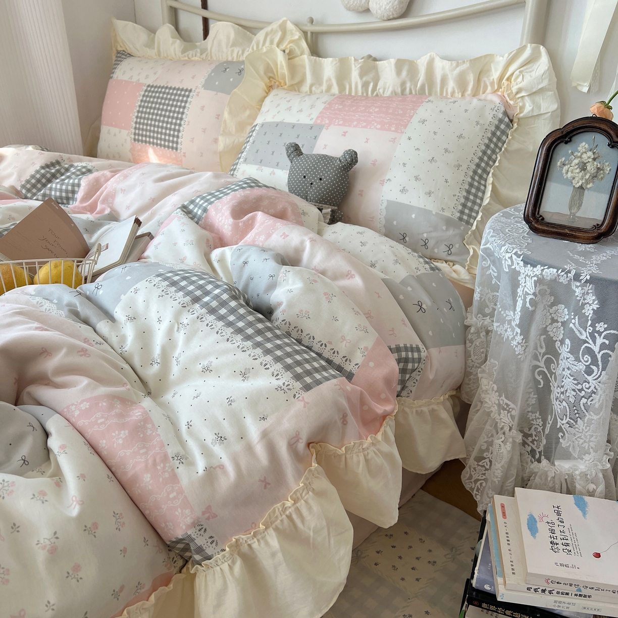 91家纺网 家纺一手货源 找家纺 桃喜 2026新款韩式全棉纯棉花边款四件套 会员-3 粉格拼布碎花（花边款）