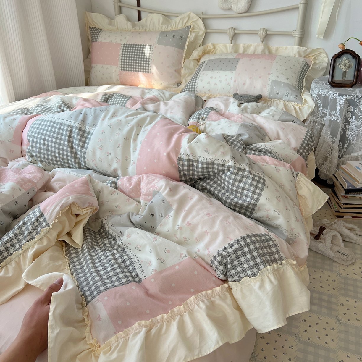 91家纺网 家纺一手货源 找家纺 桃喜 2026新款韩式全棉纯棉花边款四件套 会员-3 粉格拼布碎花（花边款）