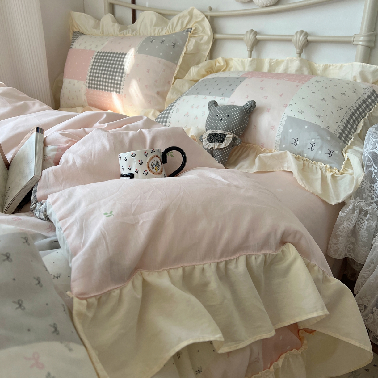 91家纺网 家纺一手货源 找家纺 桃喜 2026新款韩式全棉纯棉花边款四件套 会员-3 粉格拼布碎花（花边款）