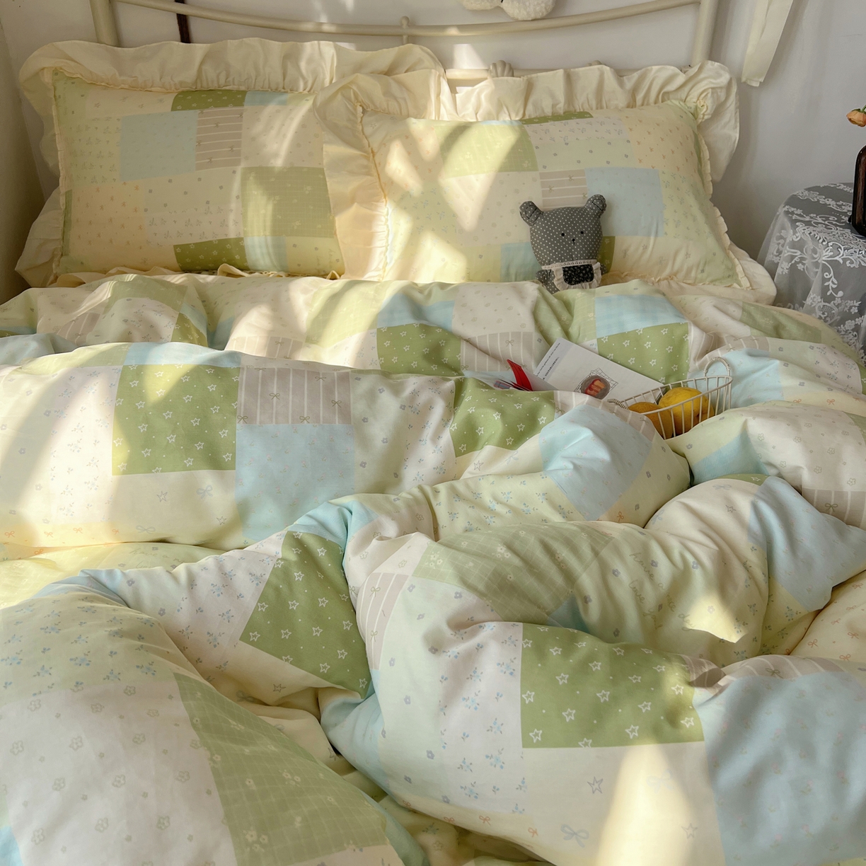 91家纺网 家纺一手货源 找家纺 桃喜 2026新款韩式全棉纯棉花边款四件套 会员-3 绿格拼布碎花（花边款）