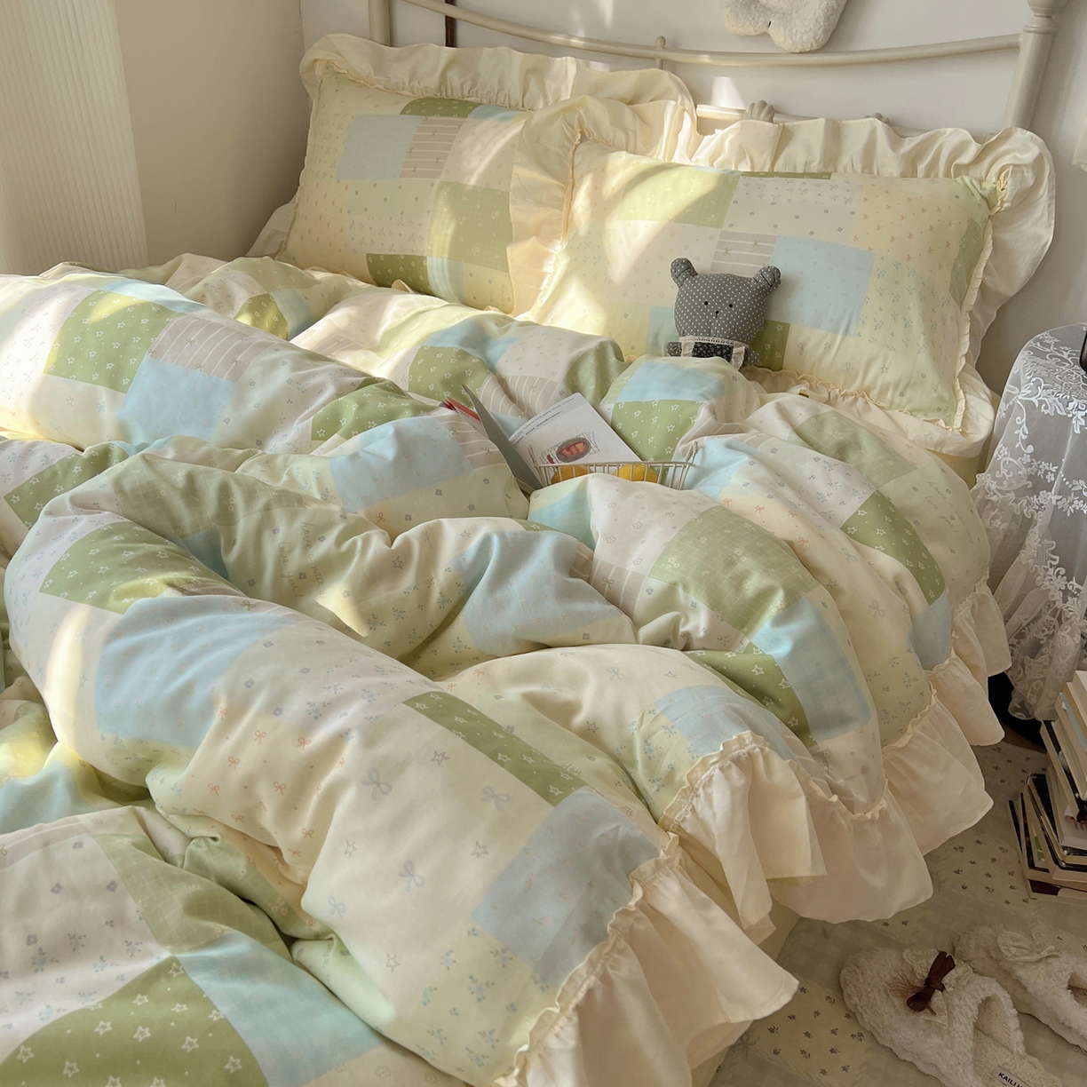 91家纺网 家纺一手货源 找家纺 桃喜 2026新款韩式全棉纯棉花边款四件套 会员-3 绿格拼布碎花（花边款）