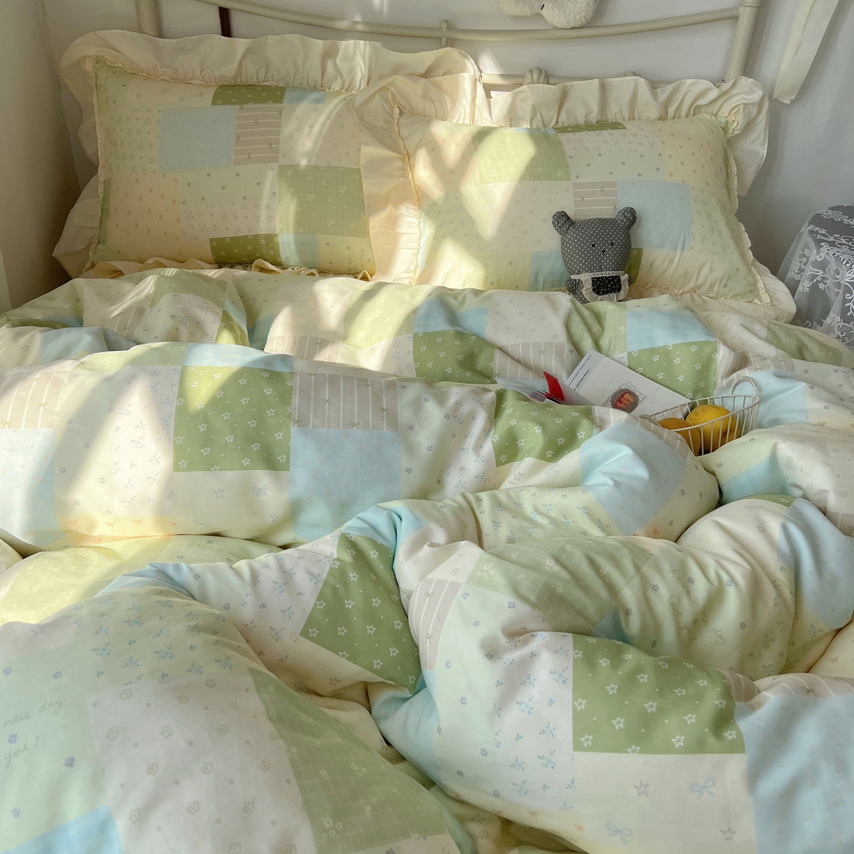 91家纺网 家纺一手货源 找家纺 桃喜 2026新款韩式全棉纯棉花边款四件套 会员-3 绿格拼布碎花（花边款）