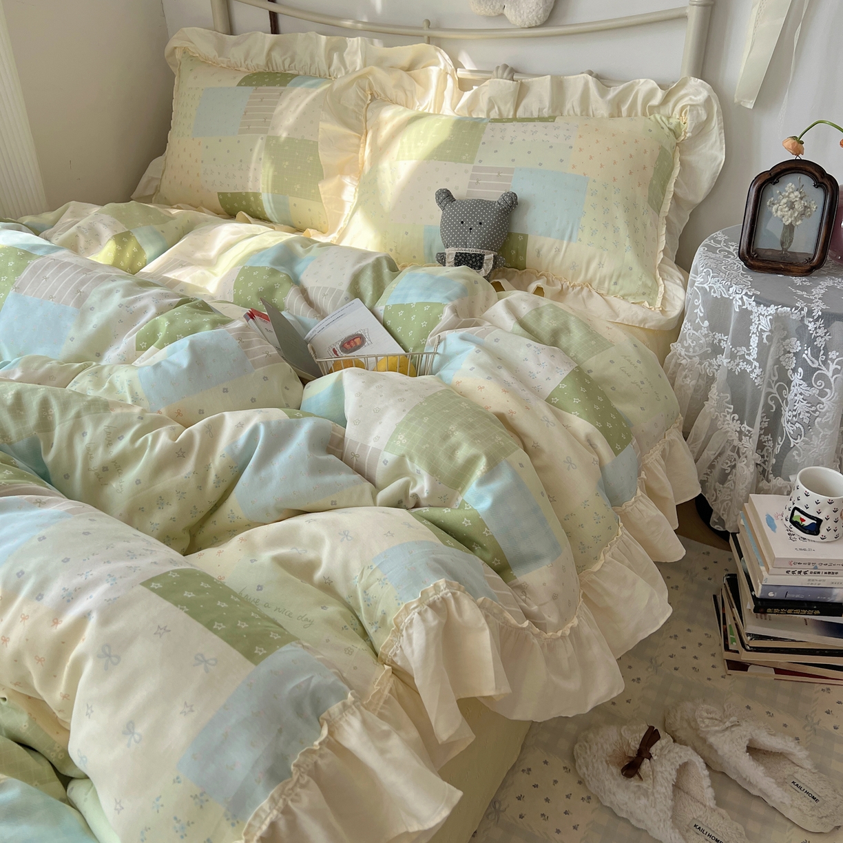 91家纺网 家纺一手货源 找家纺 桃喜 2026新款韩式全棉纯棉花边款四件套 会员-3 绿格拼布碎花（花边款）