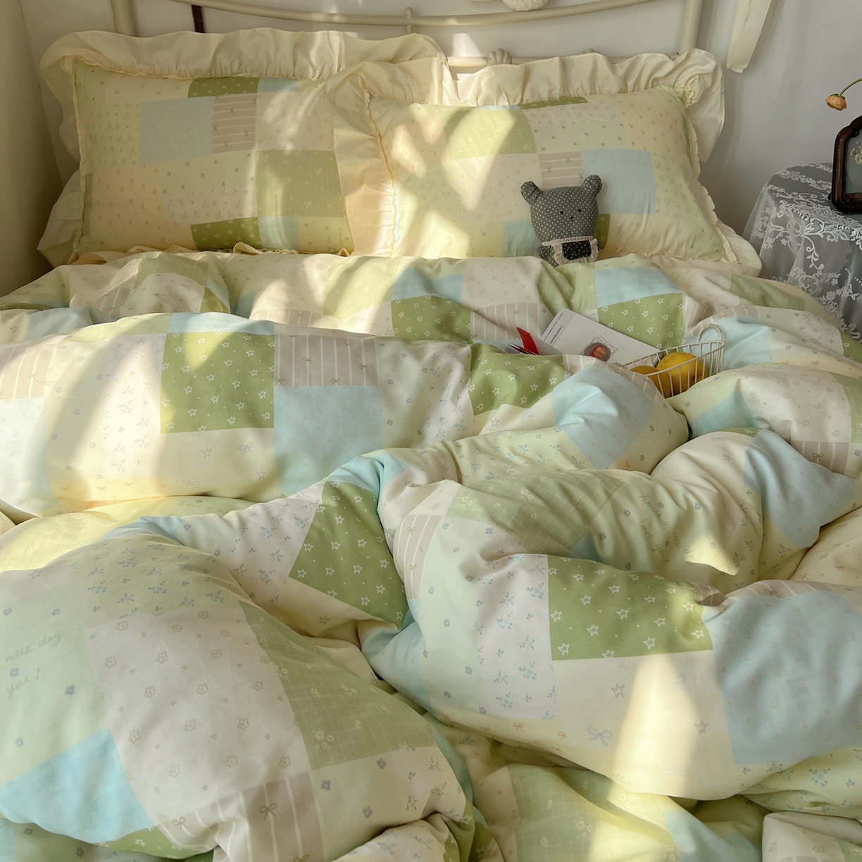 91家纺网 家纺一手货源 找家纺 桃喜 2026新款韩式全棉纯棉花边款四件套 会员-3 绿格拼布碎花（花边款）