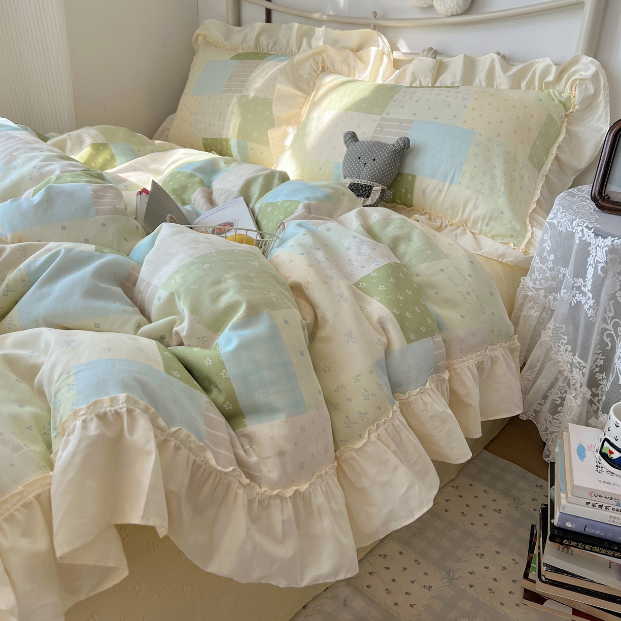 91家纺网 家纺一手货源 找家纺 桃喜 2026新款韩式全棉纯棉花边款四件套 会员-3 绿格拼布碎花（花边款）