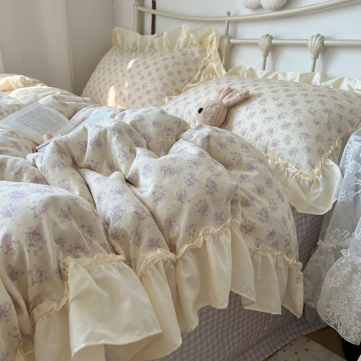 桃喜 2026新款韩式全棉纯棉花边款四件套 会员-3 香芋紫格碎花（花边款）