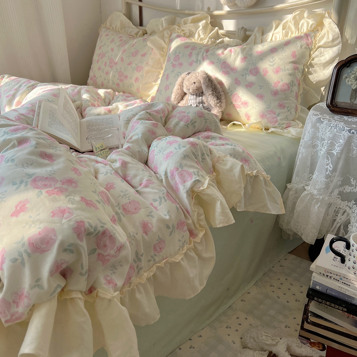 91家纺网 家纺一手货源 找家纺 桃喜 2026新款韩式全棉纯棉花边款四件套 会员-3 早春花园（花边款）