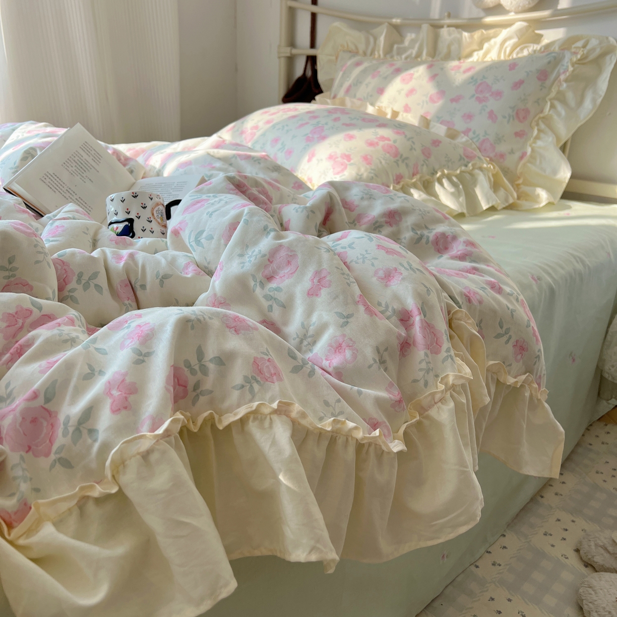 91家纺网 家纺一手货源 找家纺 桃喜 2026新款韩式全棉纯棉花边款四件套 会员-3 早春花园（花边款）