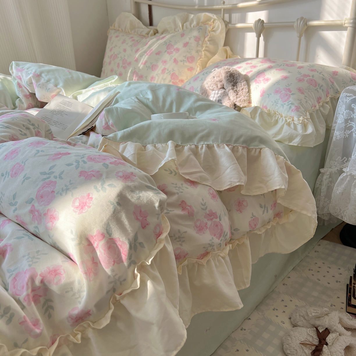 91家纺网 家纺一手货源 找家纺 桃喜 2026新款韩式全棉纯棉花边款四件套 会员-3 早春花园（花边款）